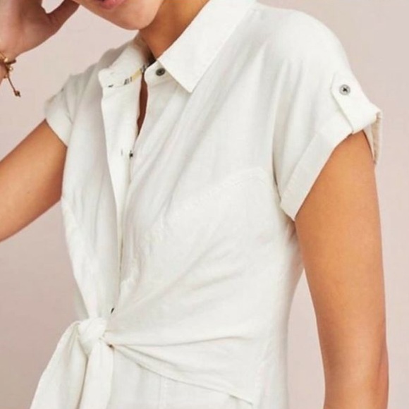 Anthropologie Maeve white shirt dress with buttons and front waist tie, Size 10 - Picture 5 of 6